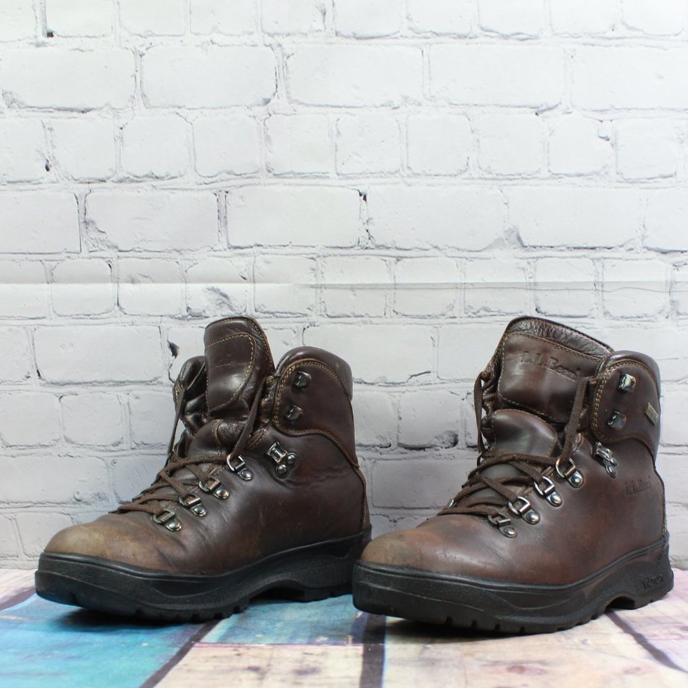 LL BEAN Cresta Brown Leather WP Vibram Sole Hiking Ankle Boots Size 7 W - Picture 2 of 9